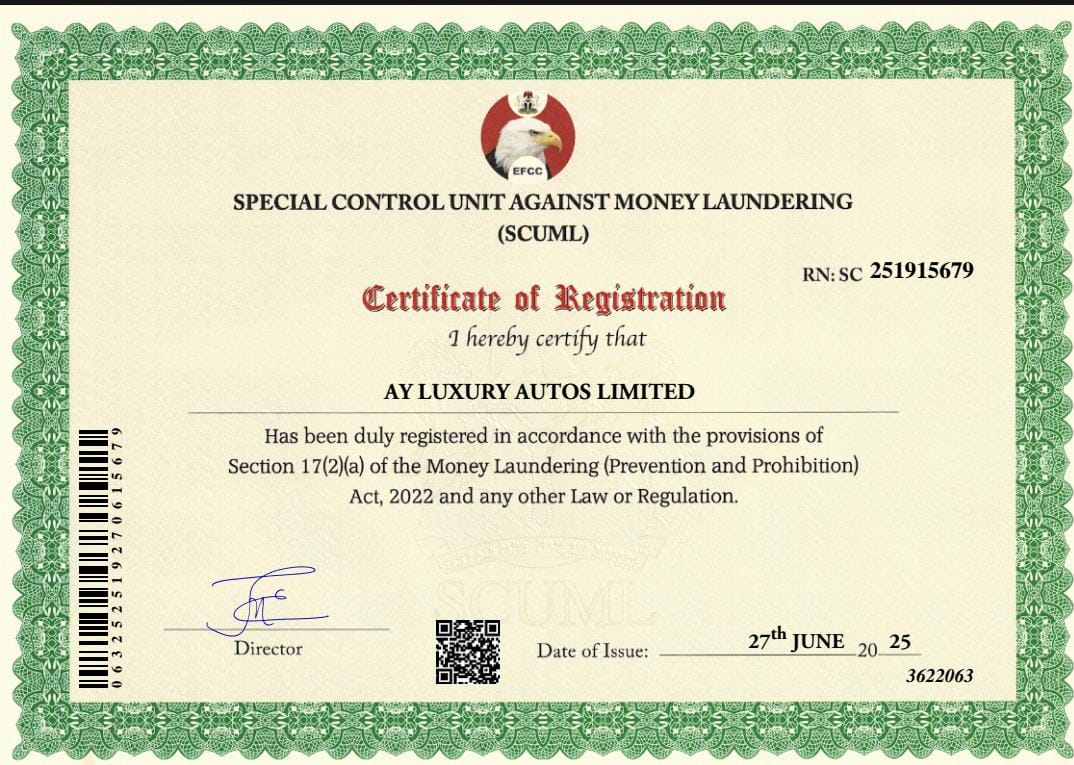 SCUML registration certificate for AY Luxury Autos Nigeria Limited