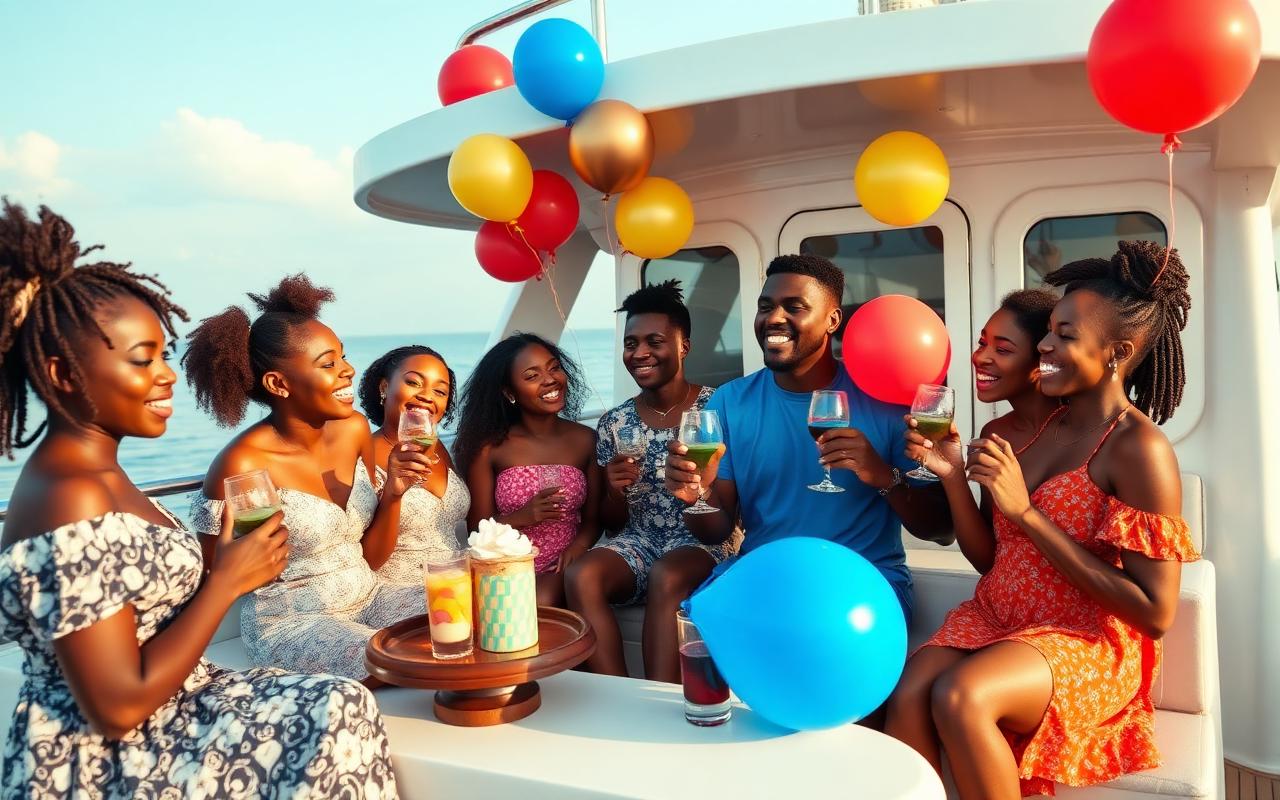 Friends celebrating a birthday with balloons and drinks on the deck of a private boat in Lagos