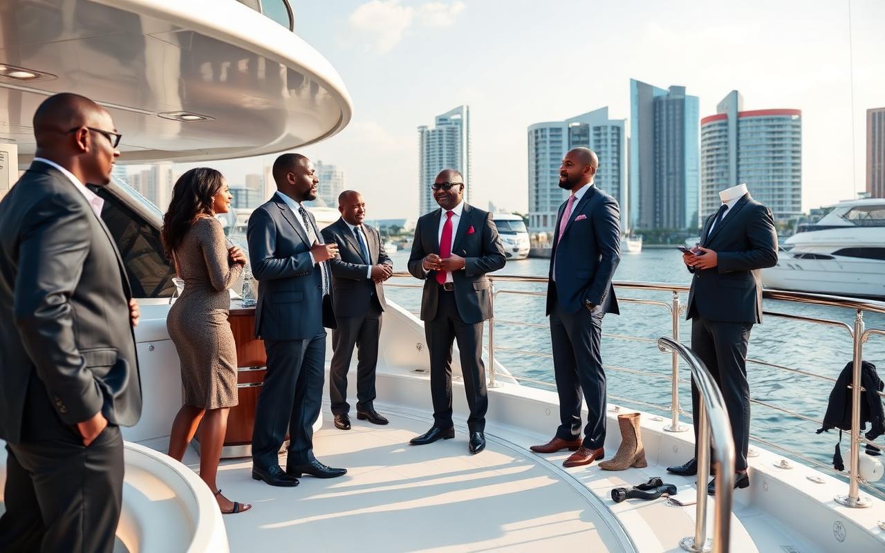 Corporate team networking on the deck of a chartered luxury boat at a Lagos marina