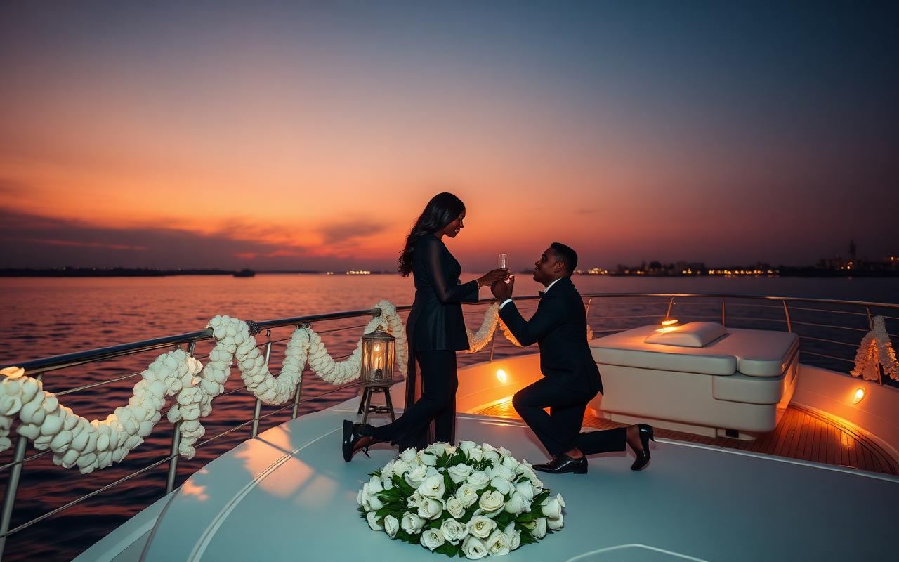 Elegant couple on a decorated yacht deck at dusk on the Lagos water