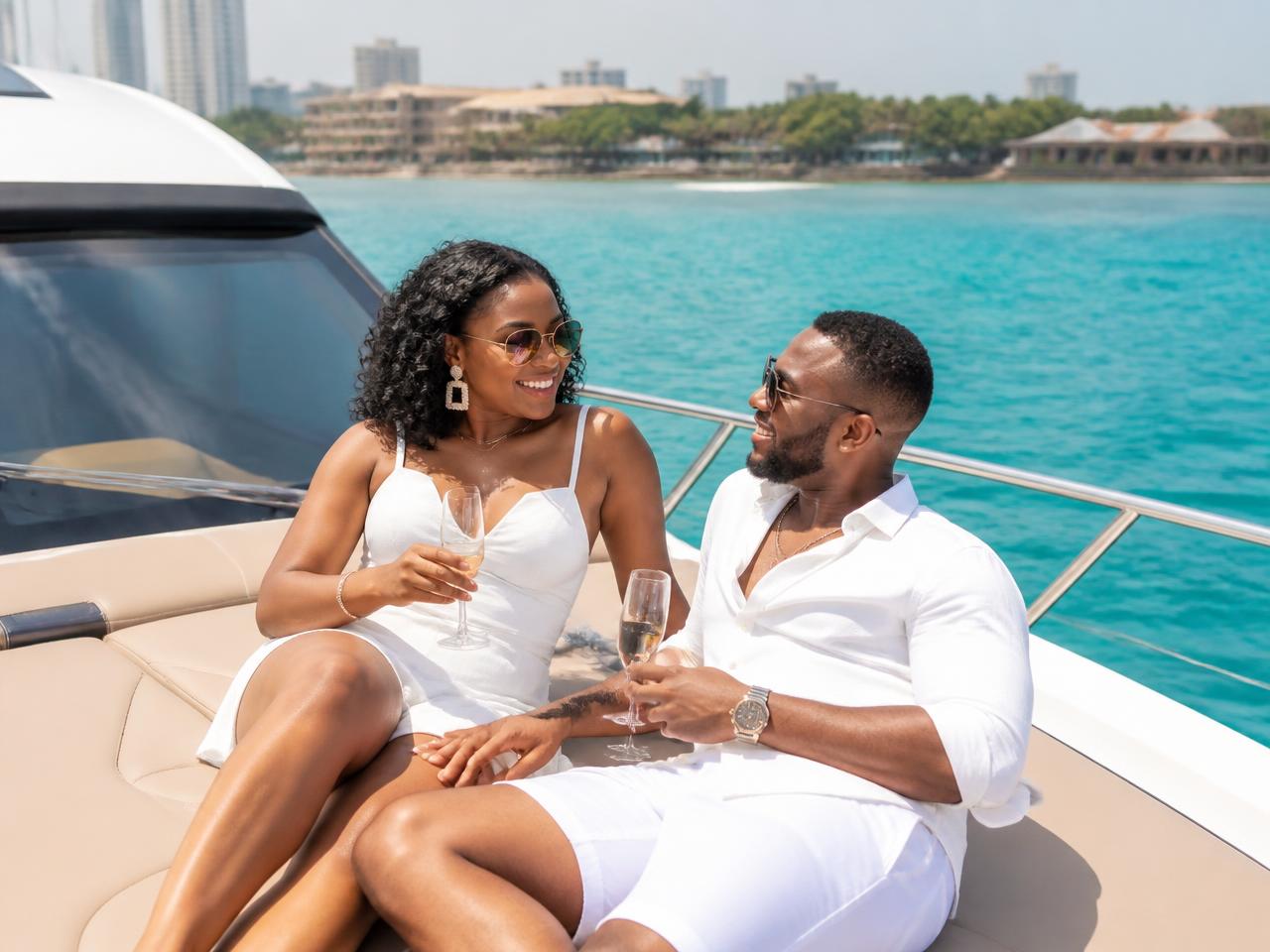 Nigerian couple relaxing on the deck of a private yacht on the Lagos lagoon near Tarkwa Bay