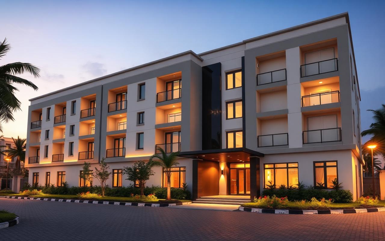 Modern luxury serviced apartment building exterior in Abuja Nigeria at dusk