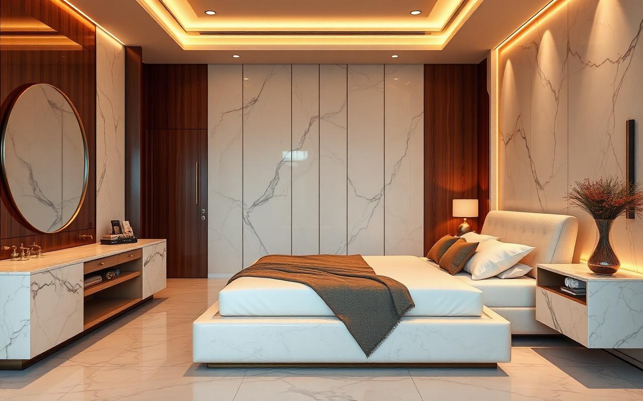 Luxury master bedroom with marble finishes in a Banana Island Lagos apartment
