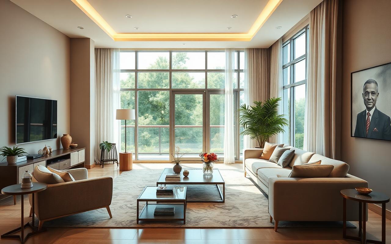 Bright luxury serviced apartment living room in Lekki, Lagos with large windows
